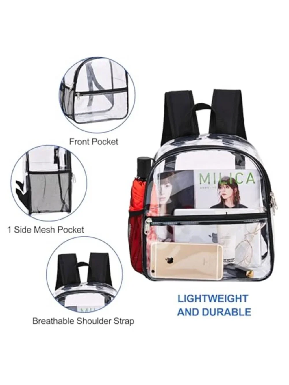 Clear Stadium Backpack 12x11x6 Transparent PVC Bag Concert Sports Events